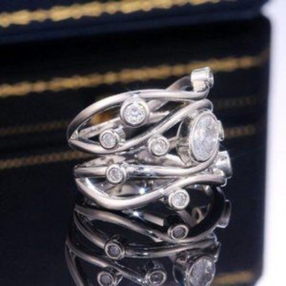 NEW 18K White Gold Diamond Twisted Wave Wide Ring